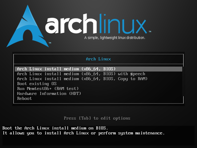 Arch Linux - Menu de démarrage